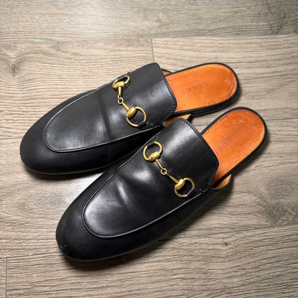 Gucci Princetown Loafer Mules Slipper Black Gold Horsebit Hardware Size 37